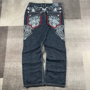 Clench Mens 36X34 Dark Wash Embroidered Winged Back Pocket Baggy Jeans‎ Y2K